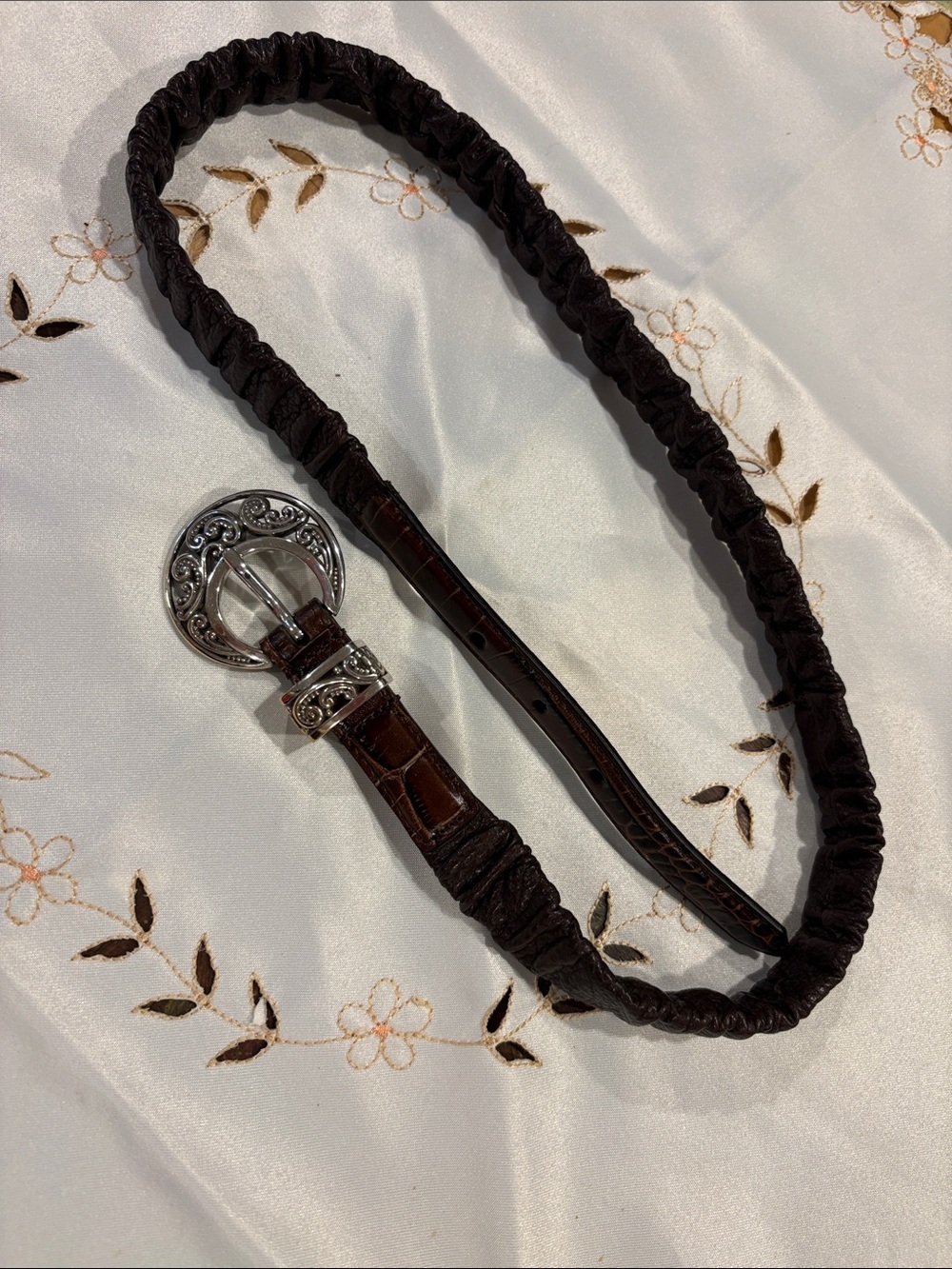 Women's Brown Elastic Waist Belt with Decorative Silver Buckle